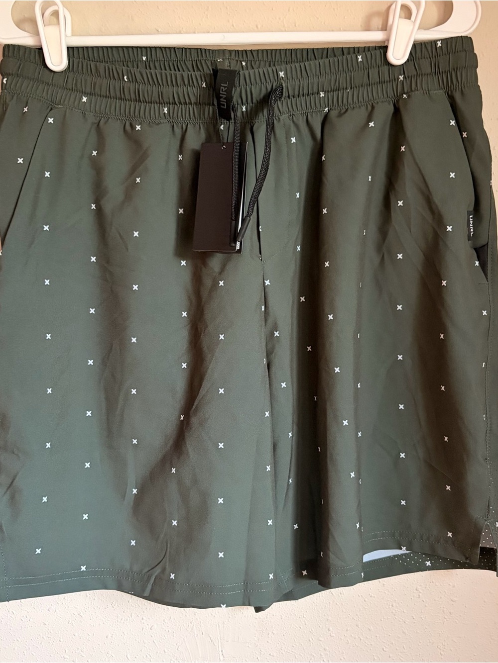 UNRL Olive Green Athletic Shorts with Micro Cross Print